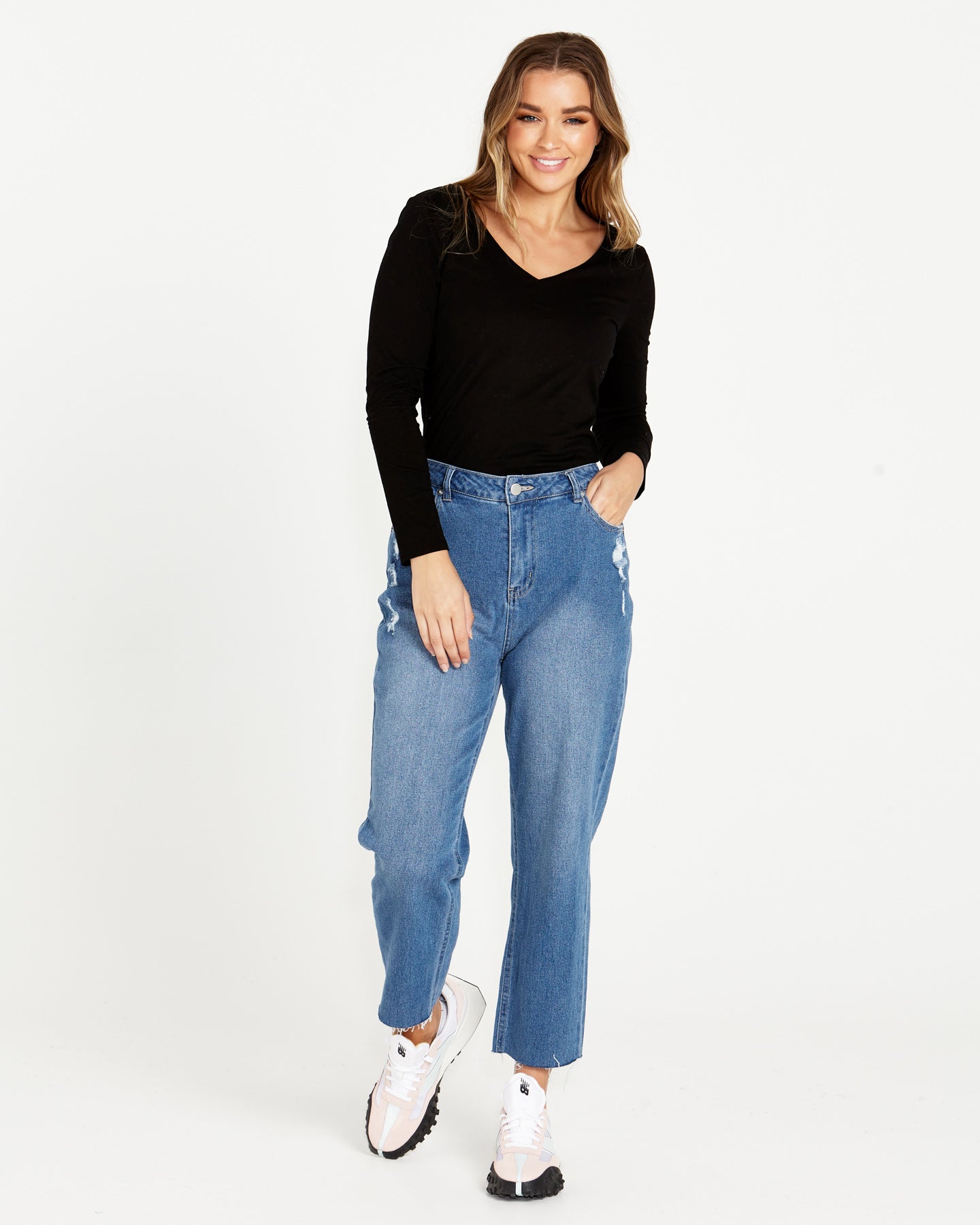 Elaine V-Neck Long Sleeve Cotton Basic Top - Black - Sass Clothing