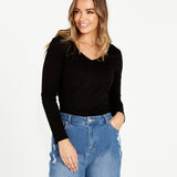 Elaine V-Neck Long Sleeve Cotton Basic Top - Black - Sass Clothing